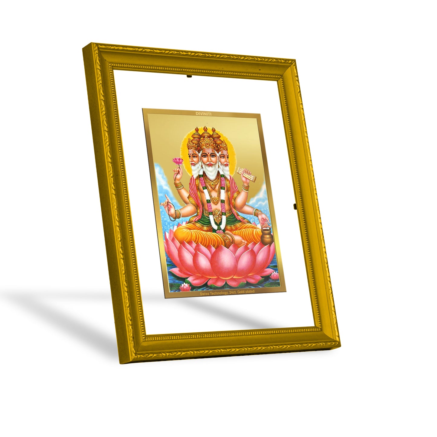DIVINITI 24K Gold Plated Foil Lord Brahma Elegant Photo Frame Idol for Prayer, Workshop, Wall Hanging, Home Decor, Gift|DG101 Size 2 (22.6x18.4 CM)
