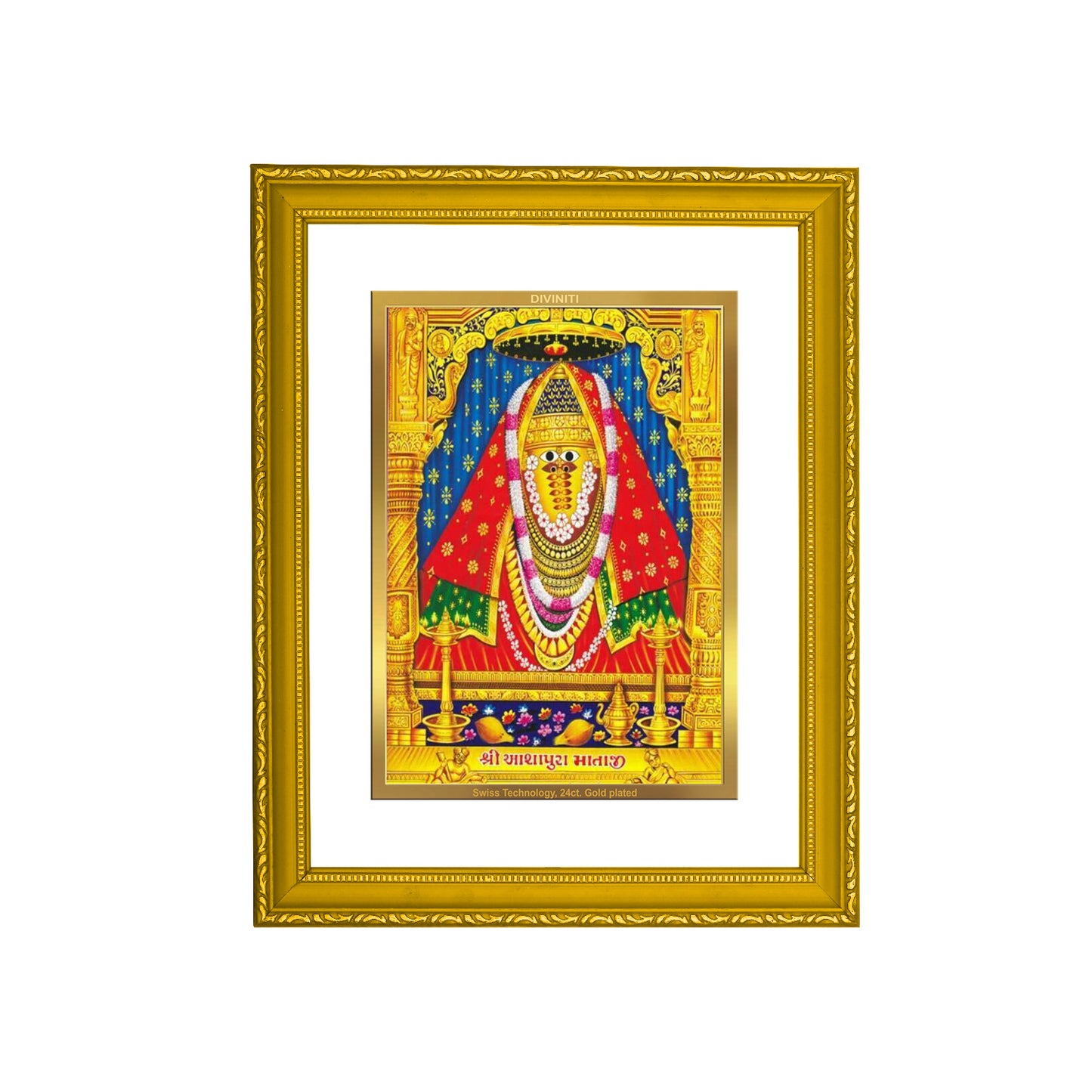 DIVINITI 24K Gold Plated Foil Ashapura Mata Photo Frame Idol for Prayer, Home Decor, Wall Hanging, Premium Gift|DG101 Size 2 (22.6x18.4 CM)