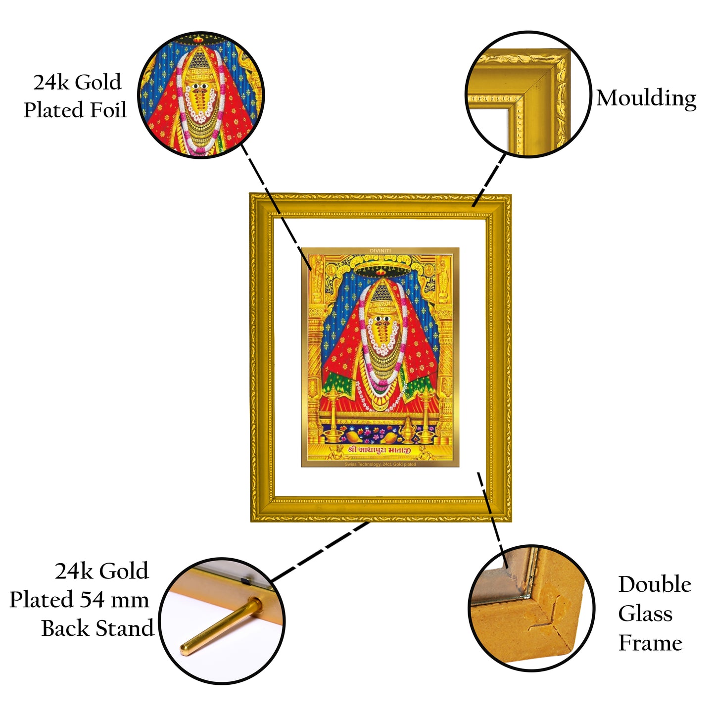 DIVINITI 24K Gold Plated Foil Ashapura Mata Photo Frame Idol for Prayer, Home Decor, Wall Hanging, Premium Gift|DG101 Size 2 (22.6x18.4 CM)