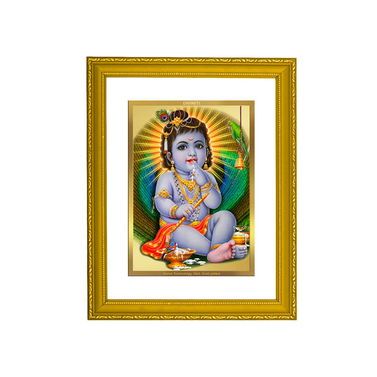 DIVINITI 24K Gold Plated Foil Bal Gopal Luxurious Photo Frame Idol for Wall Hanging, Home Decor, Prayer, Workshop, Premium Gift|DG101 Size 2 (22.6x18.4 CM)