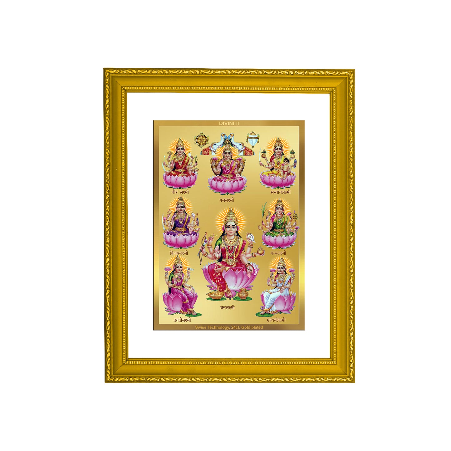 DIVINITI 24K Gold Plated Foil Ashtha Lakshmi Elegant Wall Photo Frame Idol for Puja Room, Home Decor, Luxury Gift|DG101 Size 2 (22.6x18.4 CM)