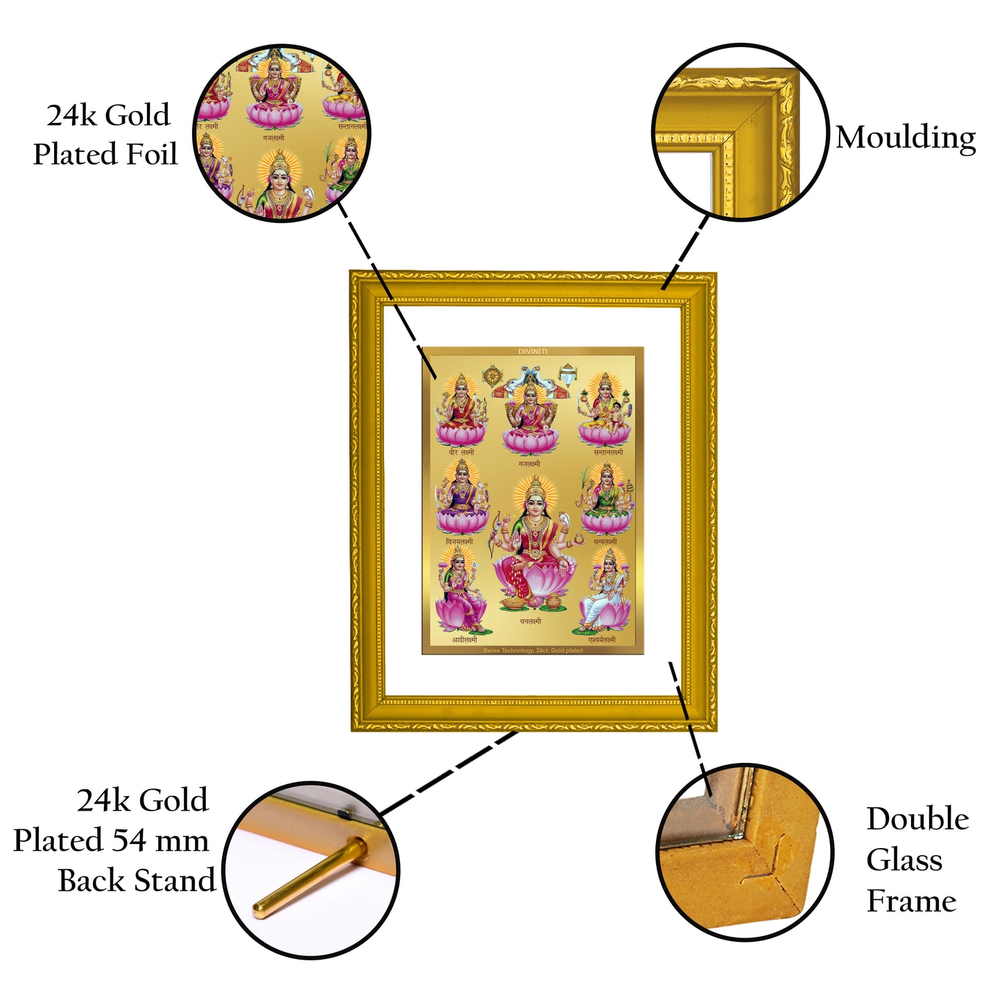 DIVINITI 24K Gold Plated Foil Ashtha Lakshmi Elegant Wall Photo Frame Idol for Puja Room, Home Decor, Luxury Gift|DG101 Size 2 (22.6x18.4 CM)