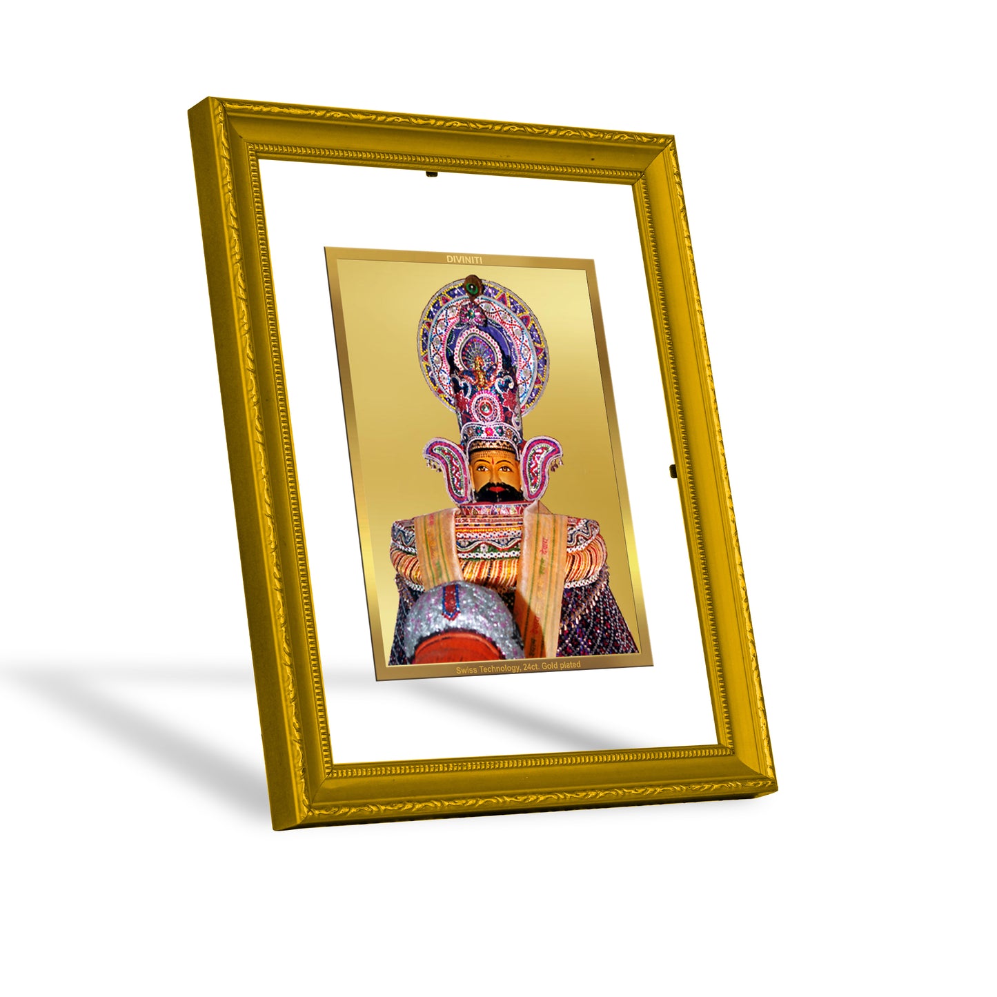 DIVINITI 24K Gold Plated Khatu Shyam Traditional Photo Frame Idol for Home Wall Decor, Workshop, Table Top, Premium Gift|DG101 Size 2 (22.6x18.4 CM)