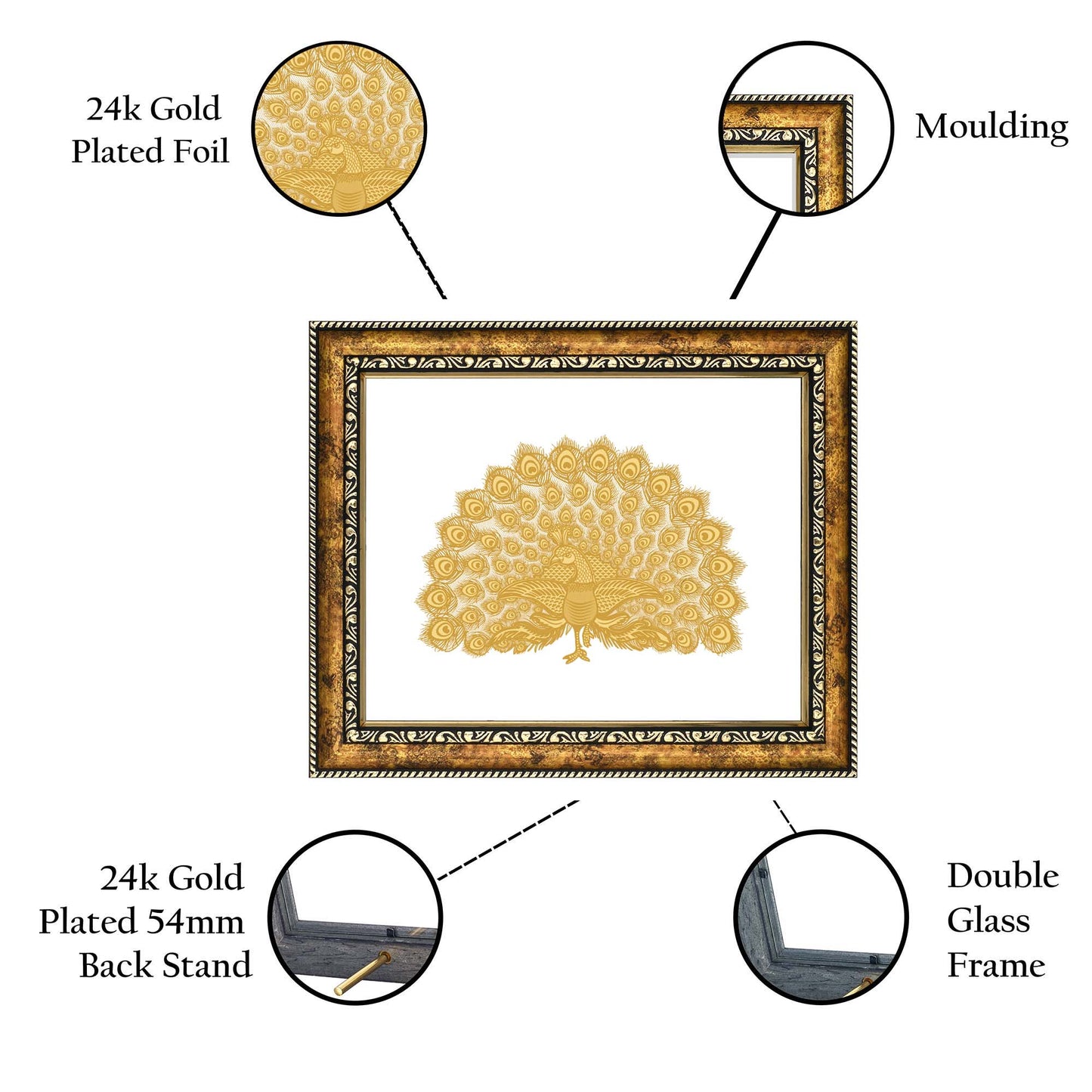 Diviniti 24K Gold Plated Foil Peacock Photo Frame for Home Décor, Wall Hanging, Living Room, Hall, Guest Room, Showpiece & Gift DG113S3 (27.6X35.4 CM)