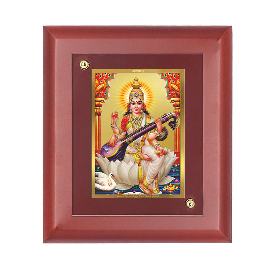 DIVINITI 24K Gold Plated Foil Goddess Saraswati Classic Wall Photo Frame Idol for Home & Office Decor, Table Top, Puja Room, Gift|MDF Size 1 (16.7x14.2 CM)