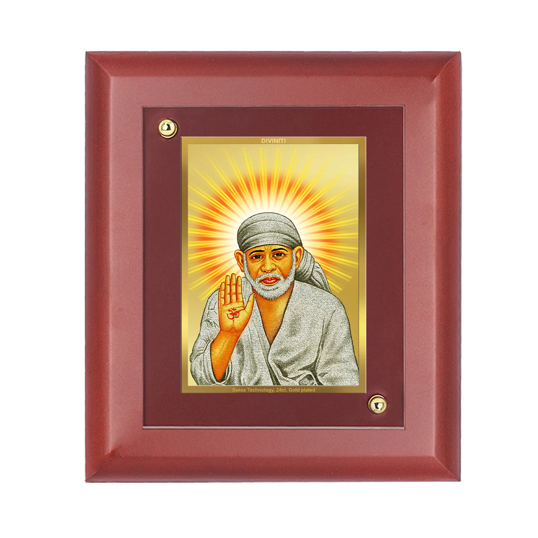 DIVINITI 24K Gold Plated Foil Sai Baba Stylish Photo Frame Idol for Puja Room, Home Decor, Table Top, Wall Hanging, Gift|MDF Size 1 (16.7x14.2 CM)