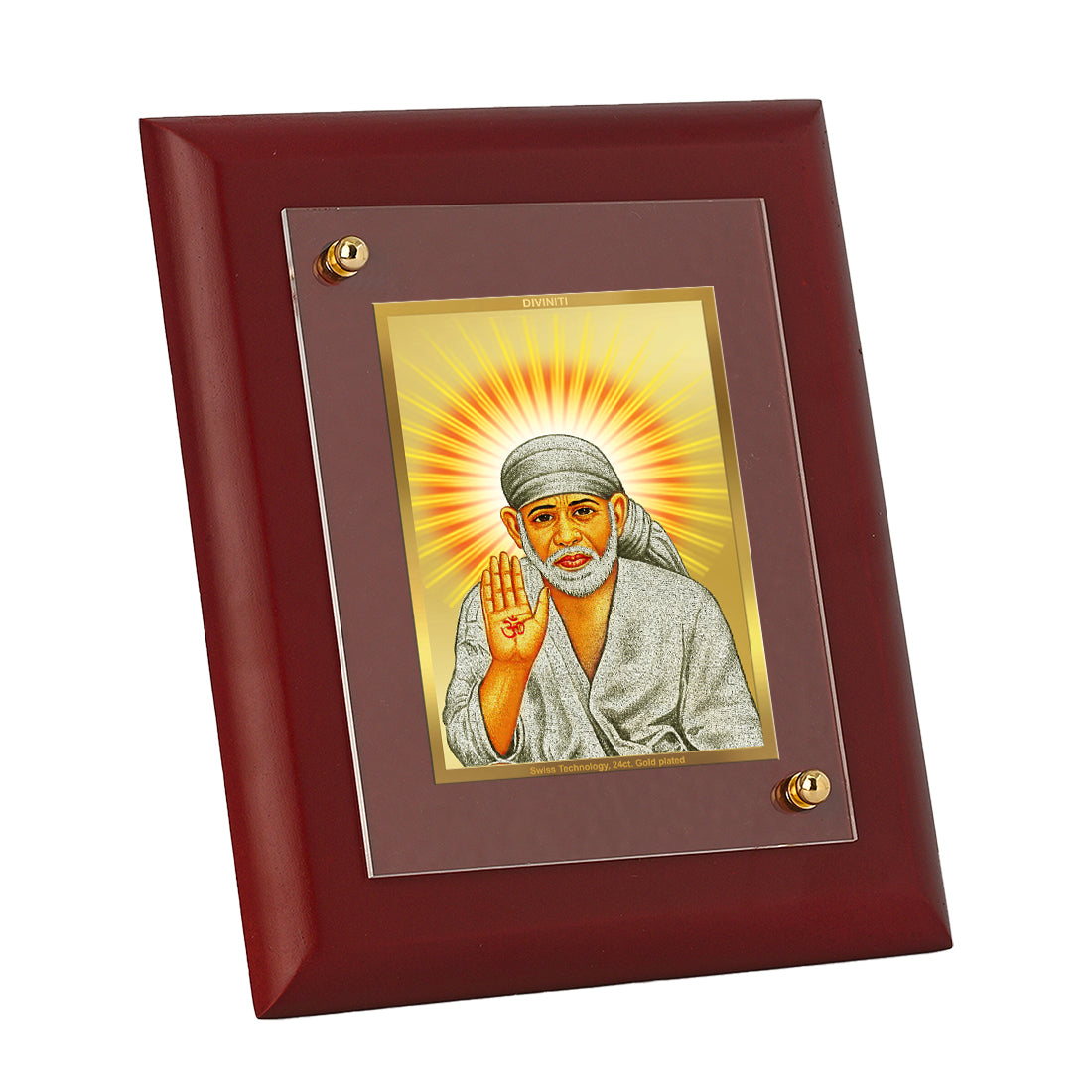DIVINITI 24K Gold Plated Foil Sai Baba Stylish Photo Frame Idol for Puja Room, Home Decor, Table Top, Wall Hanging, Gift|MDF Size 1 (16.7x14.2 CM)