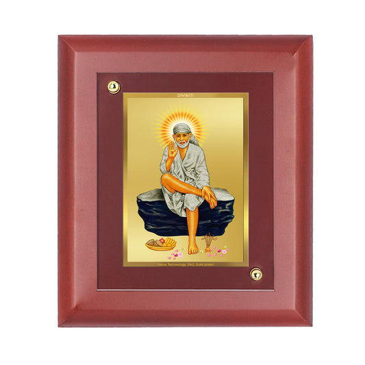 DIVINITI 24K Gold Plated Foil Sai Baba Elegant Photo Frame Idol for Temple, Home Decor, Table Top, Wall Hanging, Gift|MDF Size 1 (16.7x14.2 CM)