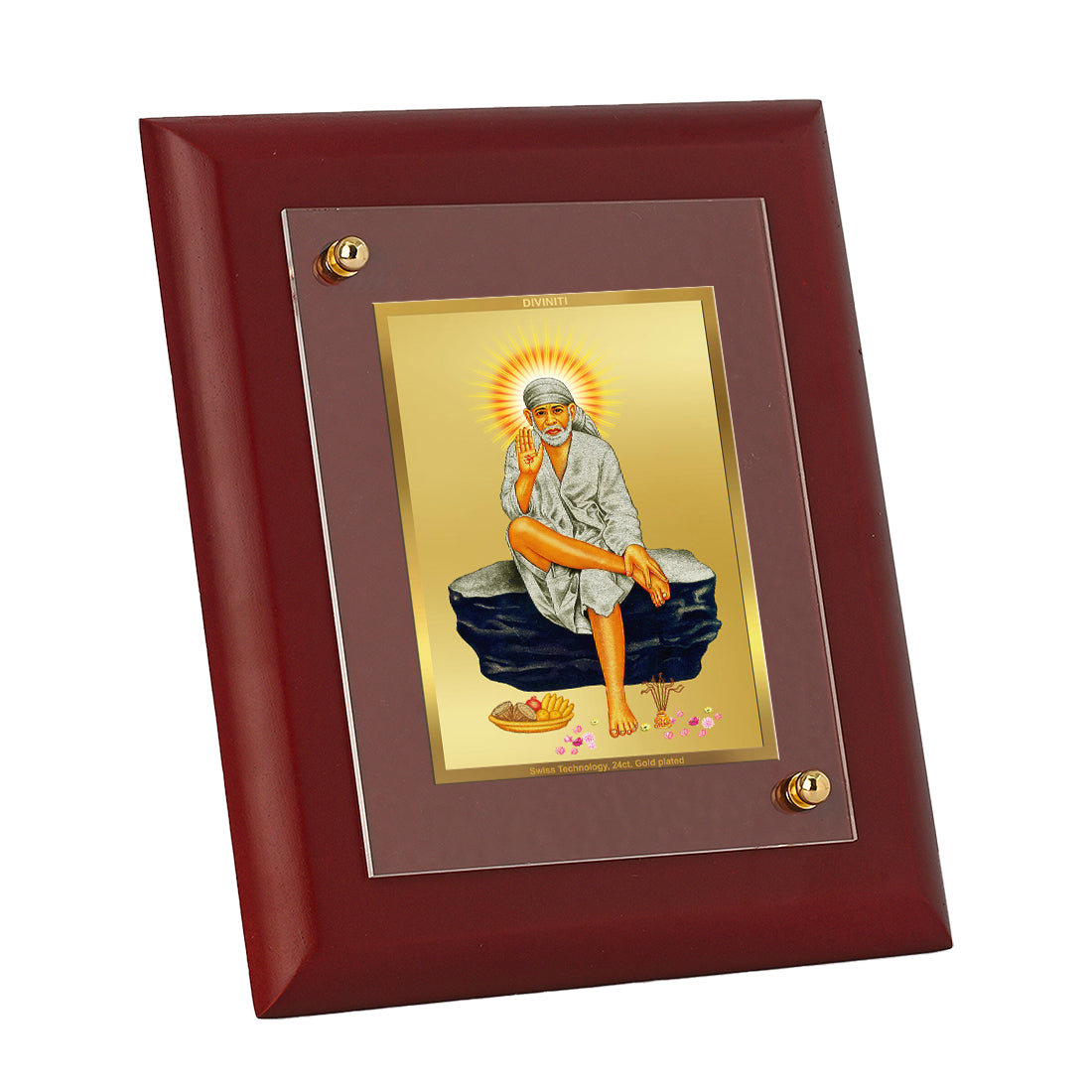DIVINITI 24K Gold Plated Foil Sai Baba Elegant Photo Frame Idol for Temple, Home Decor, Table Top, Wall Hanging, Gift|MDF Size 1 (16.7x14.2 CM)