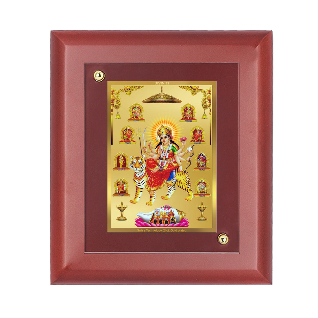 DIVINITI 24K Gold Plated Foil Nav Durga Classic Photo Frame Idol for Puja Room, Wall Hanging, Home Decor, Table Top, Gift|MDF Size 1 (16.7x14.2 CM)