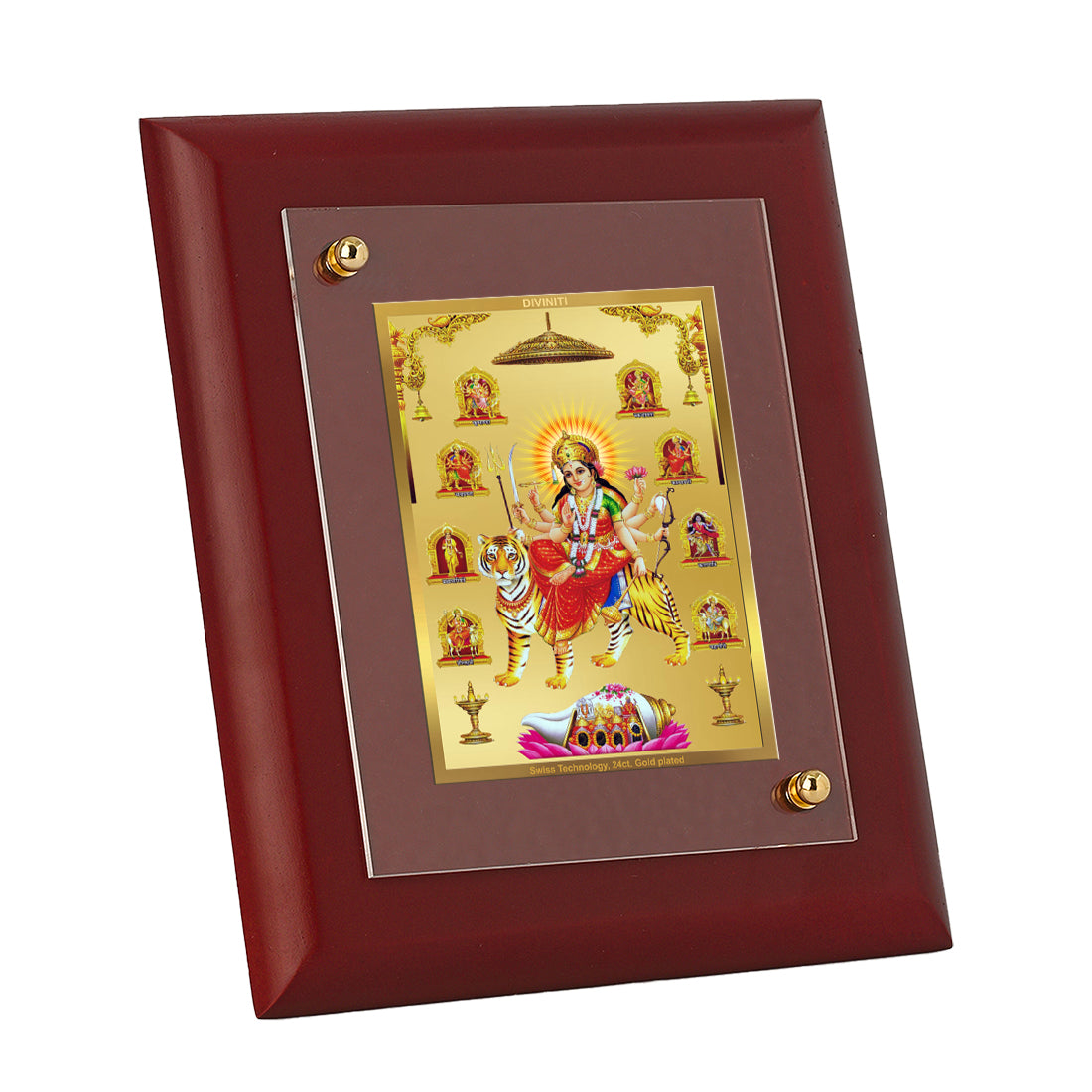 DIVINITI 24K Gold Plated Foil Nav Durga Classic Photo Frame Idol for Puja Room, Wall Hanging, Home Decor, Table Top, Gift|MDF Size 1 (16.7x14.2 CM)