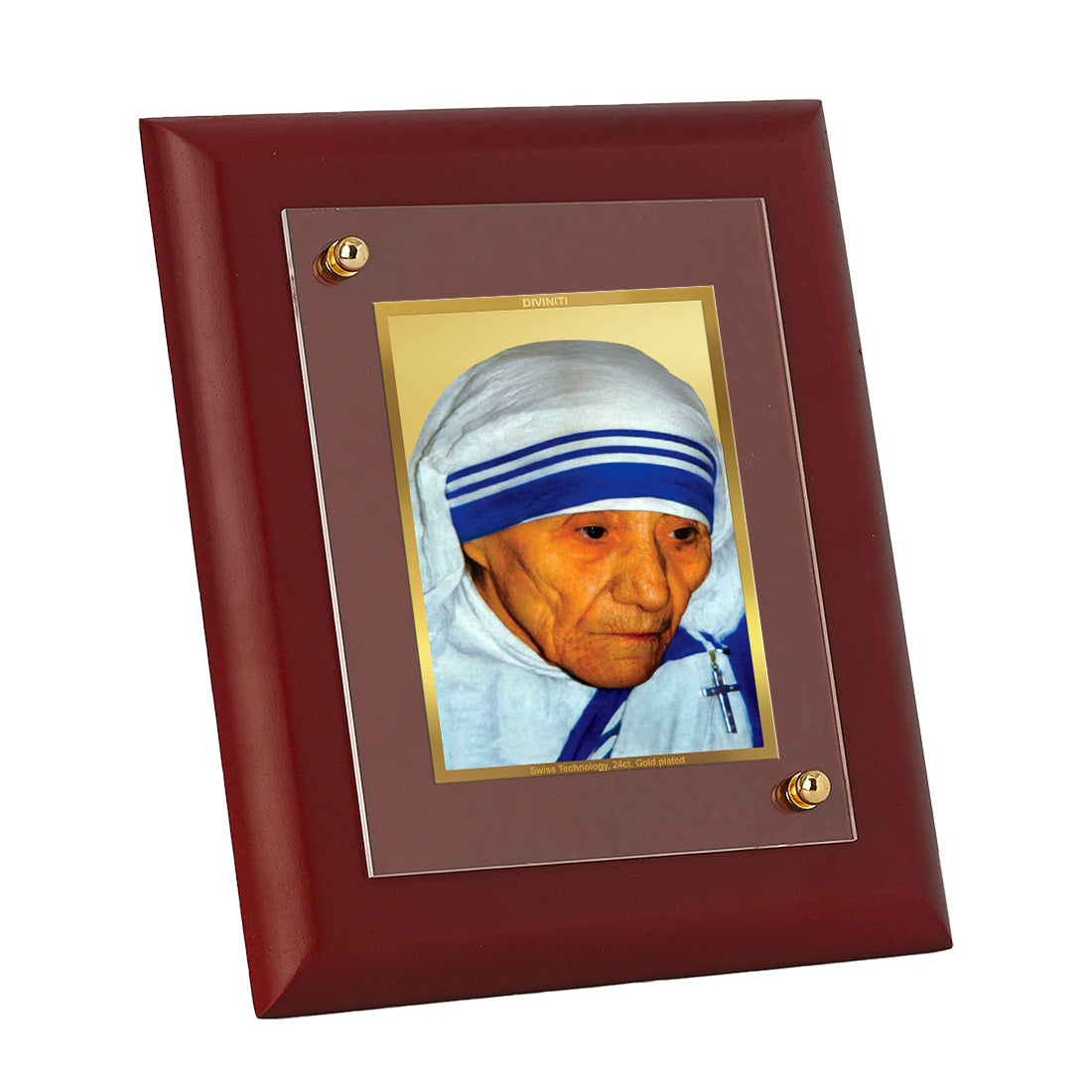 DIVINITI 24K Gold Plated Foil Mother Terresa Elegant Photo Frame Idol for Prayer Home Decor, Wall Hanging, Table Top, Gift|MDF Size 1 (16.7x14.2 CM)