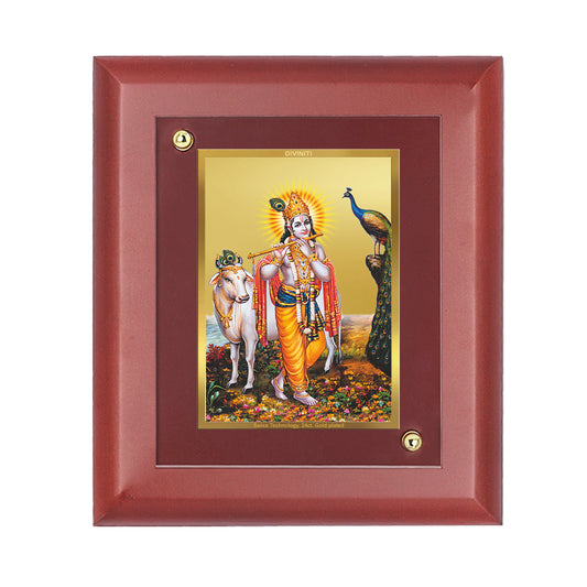 DIVINITI 24K Gold Plated Foil Lord Krishna Photo Frame Idol for Home Wall Hanging, Puja Room, Table Top, Gift|MDF Size 1 (16.7x14.2 CM)