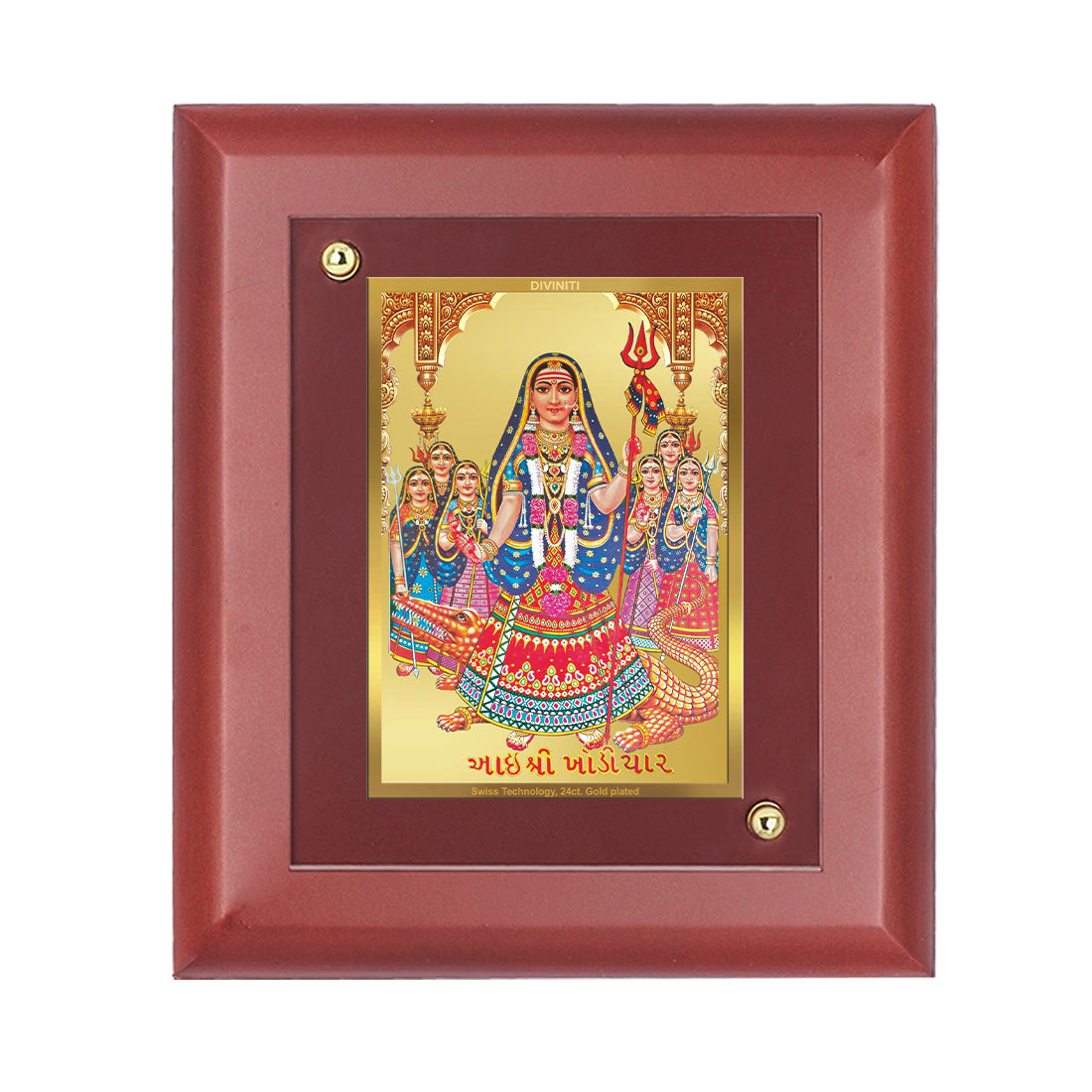 DIVINITI 24K Gold Plated Foil Khodiyar Mata Tradition Wall Photo Frame Idol for Home Decor, Table Top, Prayer, Gift|MDF Size 1 (16.7x14.2 CM)