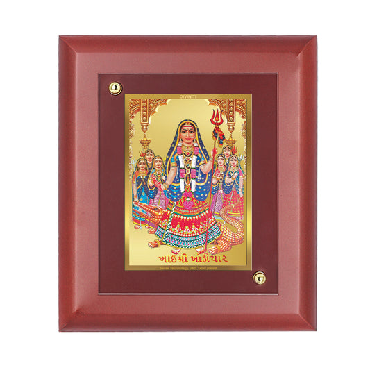 DIVINITI 24K Gold Plated Foil Khodiyar Mata Tradition Wall Photo Frame Idol for Home Decor, Table Top, Prayer, Gift|MDF Size 1 (16.7x14.2 CM)