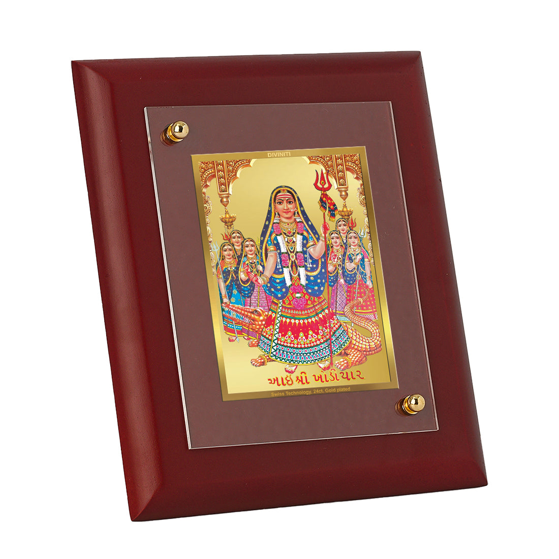 DIVINITI 24K Gold Plated Foil Khodiyar Mata Tradition Wall Photo Frame Idol for Home Decor, Table Top, Prayer, Gift|MDF Size 1 (16.7x14.2 CM)