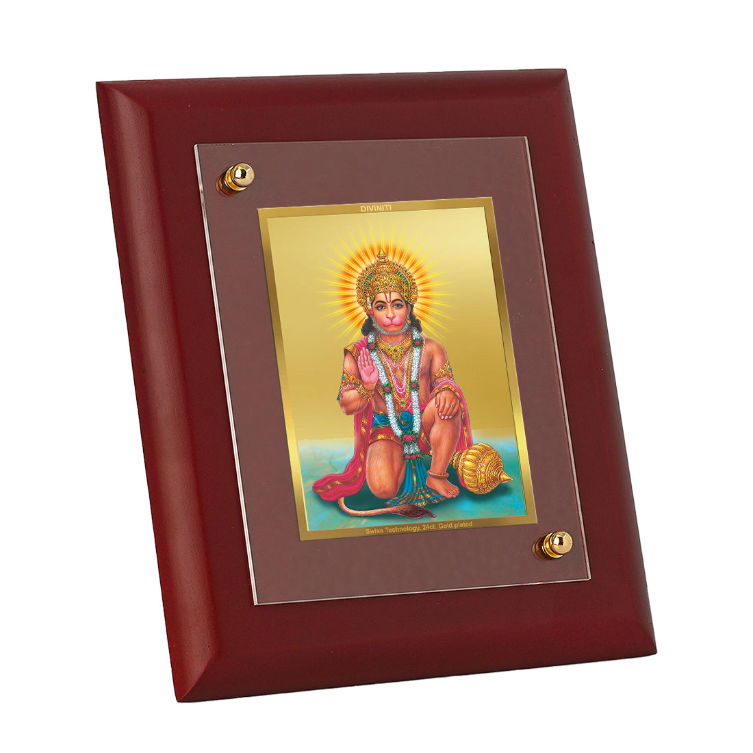 DIVINITI 24K Gold Plated Foil Lord Hanuman Elegant Wall Photo Frame Idol for Home Decor, Puja Room, Luxury Gift|MDF Size 1 (16.7x14.2 CM)