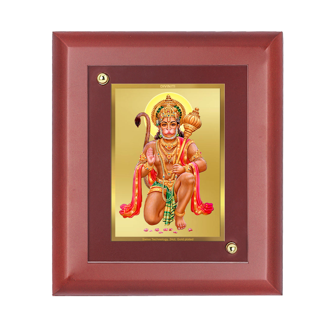 DIVINITI 24K Gold Plated Foil Lord Hanuman Stylish Photo Frame Idol for Home Decor, Wall Hanging, Table Top, Puja Room, Gift|MDF Size 1 (16.7x14.2 CM)
