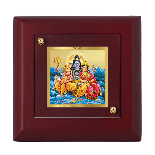 Diviniti 24K Gold Plated Foil Lord Shiv Parivar Photo Frame Love, Strength for Home Decor, Tabletop, Puja Room, Gift | MDF Size 1A (9.9x9.9 CM)