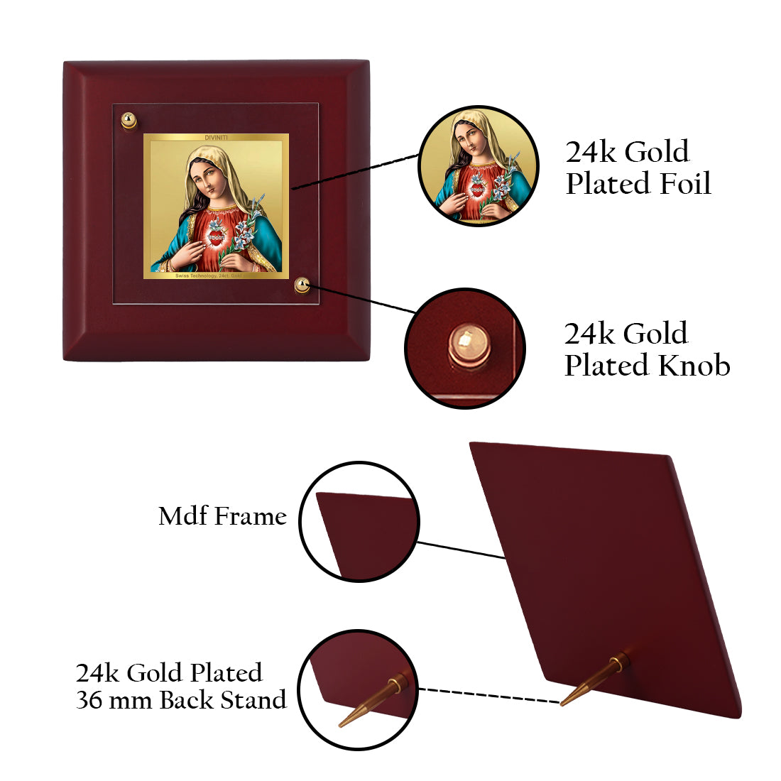 Diviniti 24K Gold Plated Foil Mother Mary Elegant Photo Frame for Home Decor, Tabletop, Prayer, Gift | MDF Size 1A (9.9x9.9 CM)