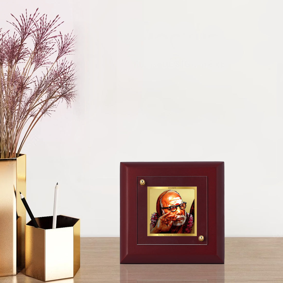 Diviniti 24K Gold Plated Foil Kanchi Maha Periyava Photo Frame for Home & Office Decor, Tabletops, Gift | MDF Size 1A (9.9x9.9 CM)