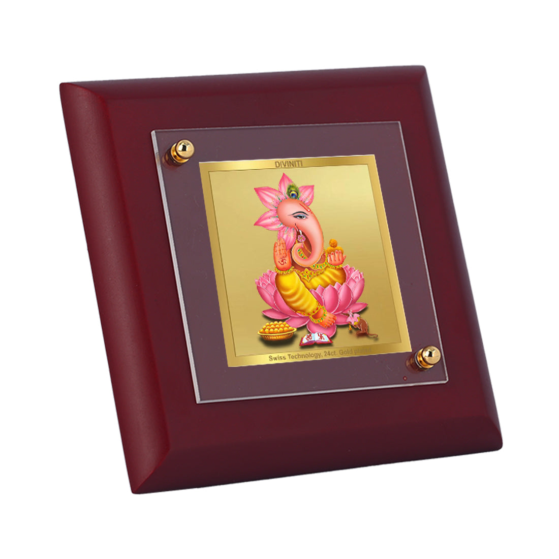 Diviniti 24K Gold Plated Foil Kamal Ganesha Photo Frame for Home Decor, Table Top, Puja Room, Gift | MDF Size 1A (9.9x9.9 CM)