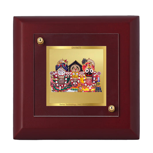 Diviniti 24K Gold Plated Foil Lord Jagannath Balaram Subhadra Photo Frame for Home Decor, Table Tops, Puja Room, Gift | MDF Size 1A (9.9x9.9 CM)