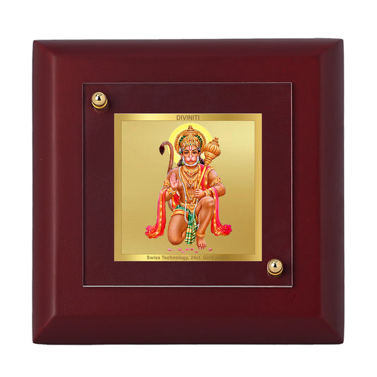 Diviniti 24K Gold Plated Lord Hanuman Ji Photo Frame Strength, Resilience for Home Decor, Office, Table, Puja, Gift | MDF Size 1A (9.9x9.9 CM)