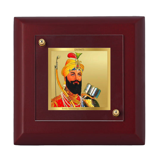 Diviniti 24K Gold Plated Foil Guru Gobind Singh Ji Photo Frame Justice, Equality for Home Decor Showpiece, Table & Gift | MDF Size 1A (9.9x9.9 CM)