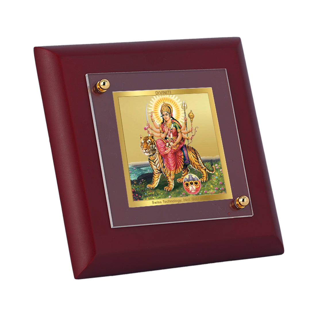 Diviniti 24K Gold Plated Foil Goddess Durga Photo Frame Protector, Warrior for Home & Office Decor, Tabletop, Puja Room, Gift | MDF Size 1A (9.9x9.9 CM)