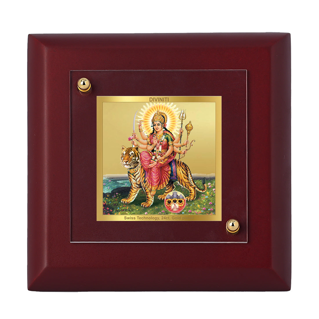 Diviniti 24K Gold Plated Foil Goddess Durga Photo Frame Protector, Warrior for Home & Office Decor, Tabletop, Puja Room, Gift | MDF Size 1A (9.9x9.9 CM)