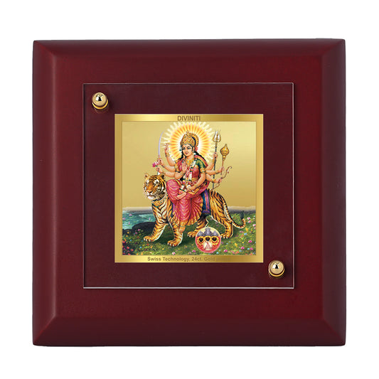 Diviniti 24K Gold Plated Foil Goddess Durga Photo Frame Protector, Warrior for Home & Office Decor, Tabletop, Puja Room, Gift | MDF Size 1A (9.9x9.9 CM)