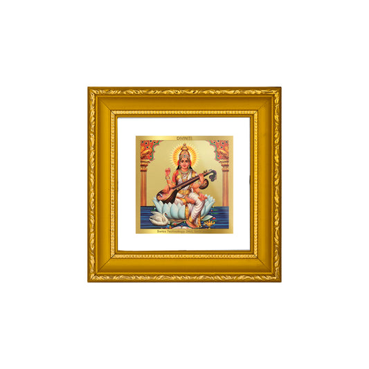 DIVINITI 24K Gold Plated Saraswati Mata Elegant Wall Photo Frame Idol for Study Room, Table Top, Wall Hanging, Premium Gifts|DG101S1A (10x10 CM)