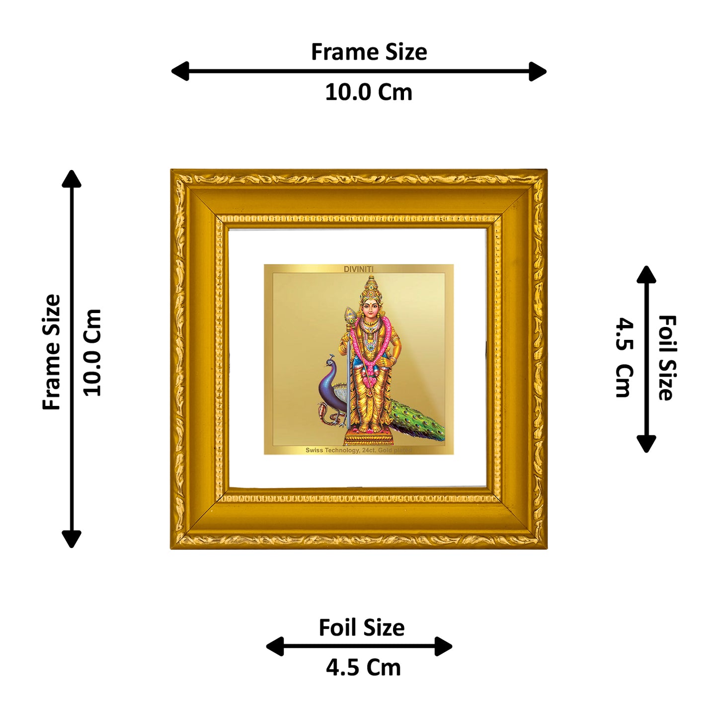 DIVINITI 24K Gold Plated Foil Goddess Murugan Wall Photo Frame Idol for Table Top, Home Decor, Puja Room, Workshop, Gifts|DG101S1A (10x10 CM)