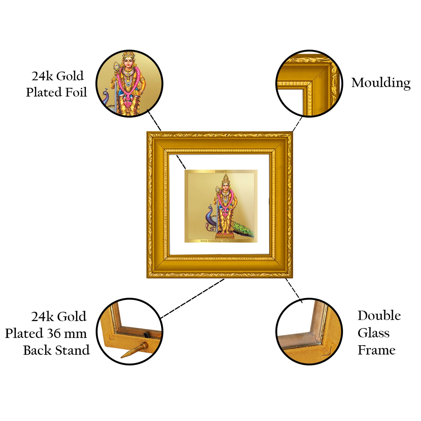 DIVINITI 24K Gold Plated Foil Goddess Murugan Wall Photo Frame Idol for Table Top, Home Decor, Puja Room, Workshop, Gifts|DG101S1A (10x10 CM)