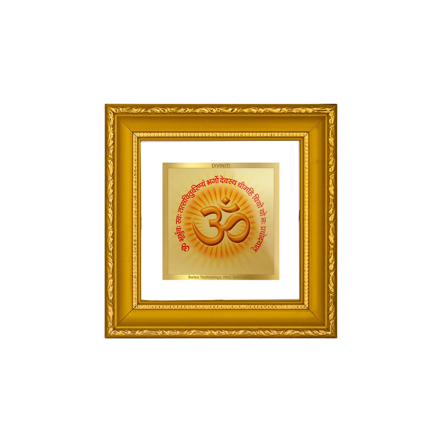 DIVINITI 24K Gold Plated Foil Om Gayatri Mantra Photo Frame Idol for Puja Room, Wall Hanging, Home Decor, Workshop, Gifts|DG101S1A (10x10 CM)