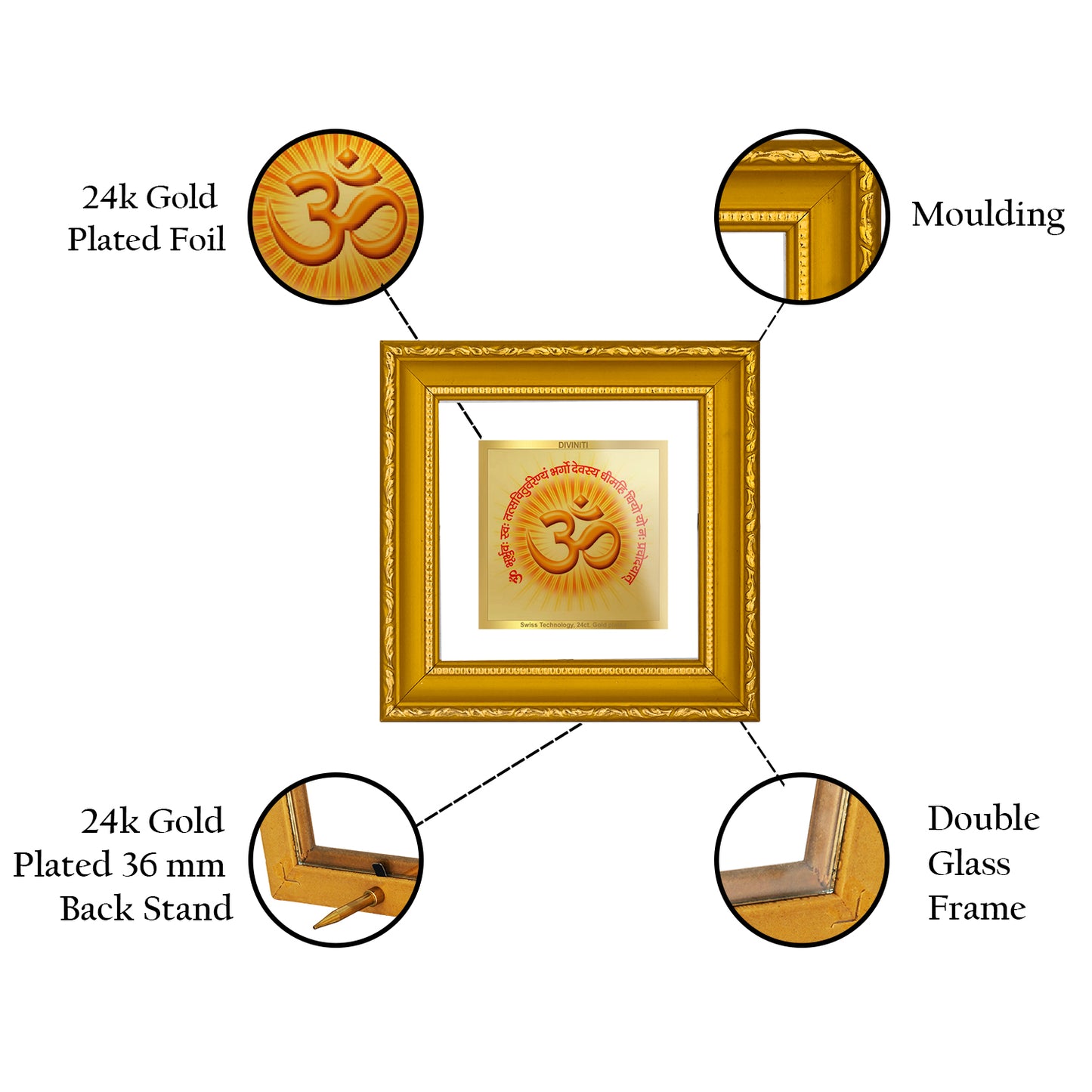 DIVINITI 24K Gold Plated Foil Om Gayatri Mantra Photo Frame Idol for Puja Room, Wall Hanging, Home Decor, Workshop, Gifts|DG101S1A (10x10 CM)