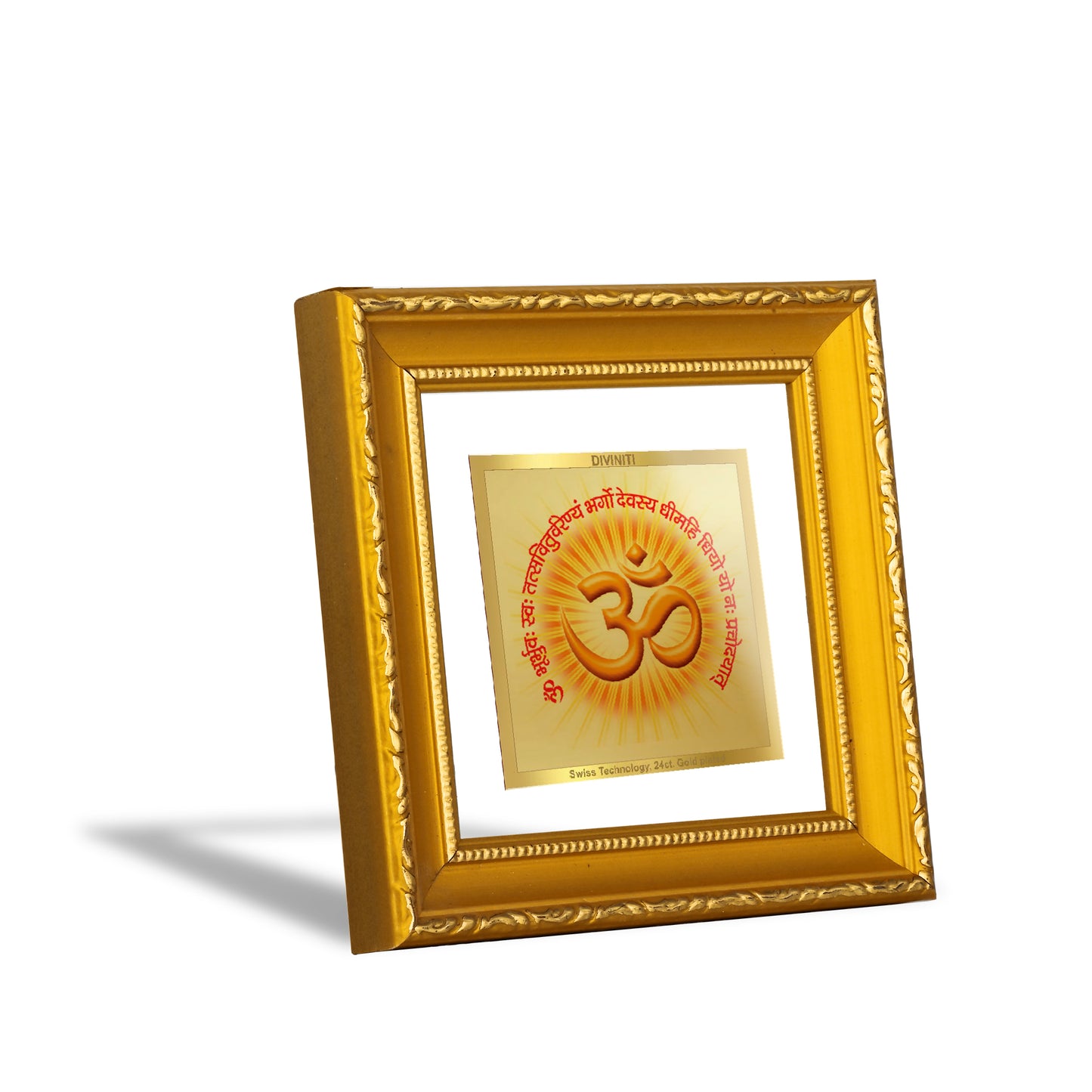 DIVINITI 24K Gold Plated Foil Om Gayatri Mantra Photo Frame Idol for Puja Room, Wall Hanging, Home Decor, Workshop, Gifts|DG101S1A (10x10 CM)