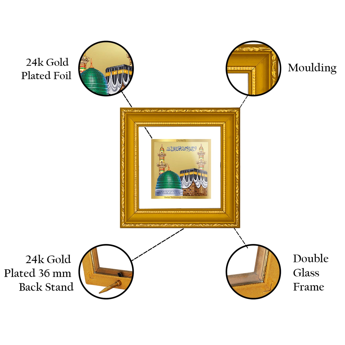 DIVINITI 24K Gold Plated Foil Mecca Madina Photo Frame Idol for Wall Hanging, Table Top, Home Decor, Workshop, Luxurious Gifts|DG101S1A (10x10 CM)