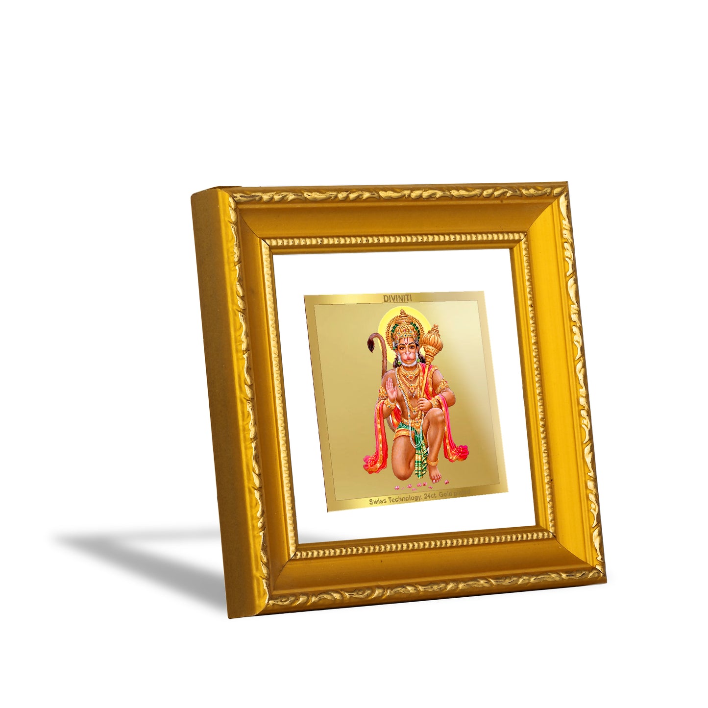 DIVINITI 24K Gold Plated Foil Lord Hanuman Luxurious Wall Photo Frame Idol for Home Decor, Puja Room, Workshop, Premium Gifts|DG101S1A (10x10 CM)