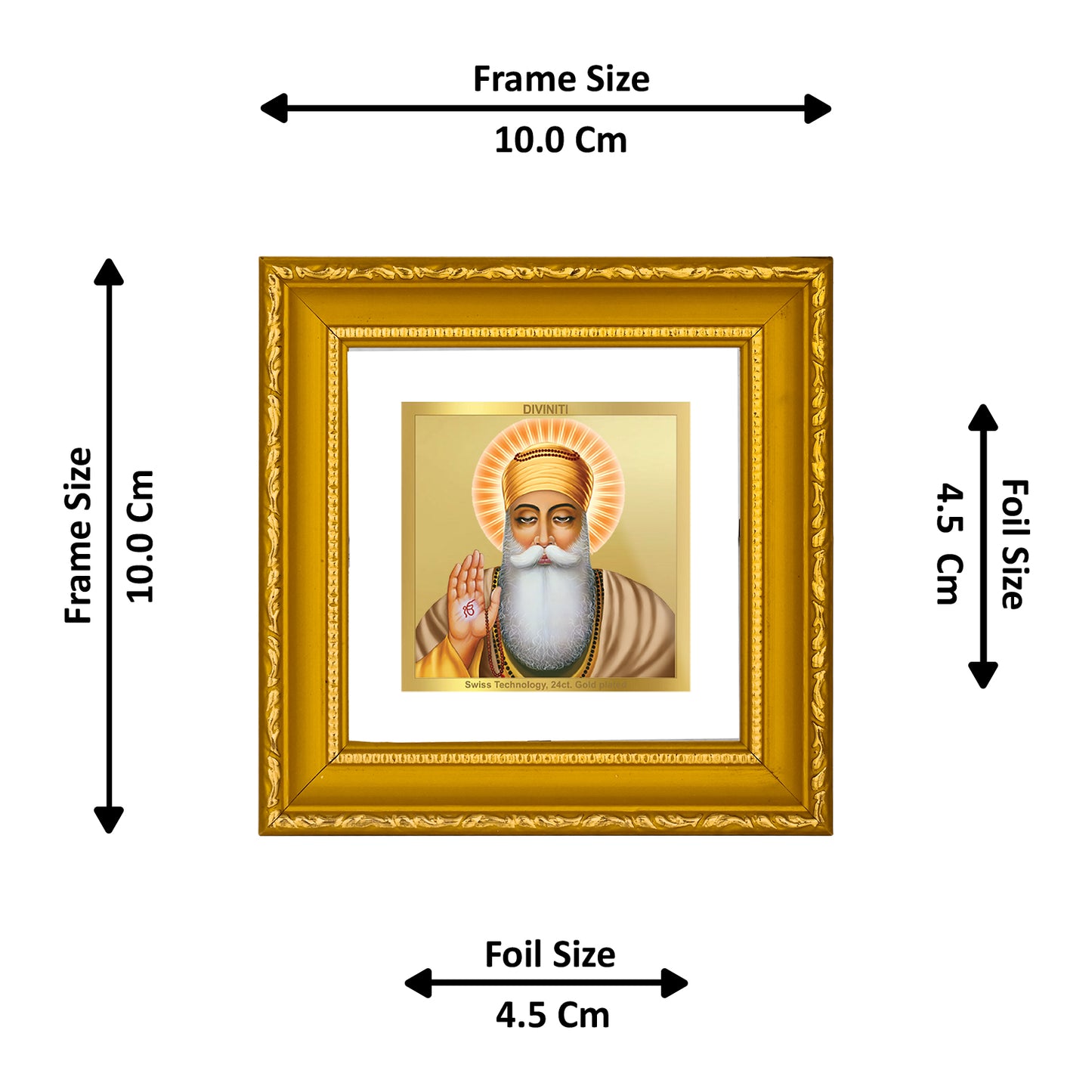 DIVINITI 24K Gold Plated Foil Guru Nanak Dev Ji Exquisite Photo Frame Idol for Home Decor, Wall Hanging, Puja Room, Workshop, Gifts|DG101S1A (10x10 CM)