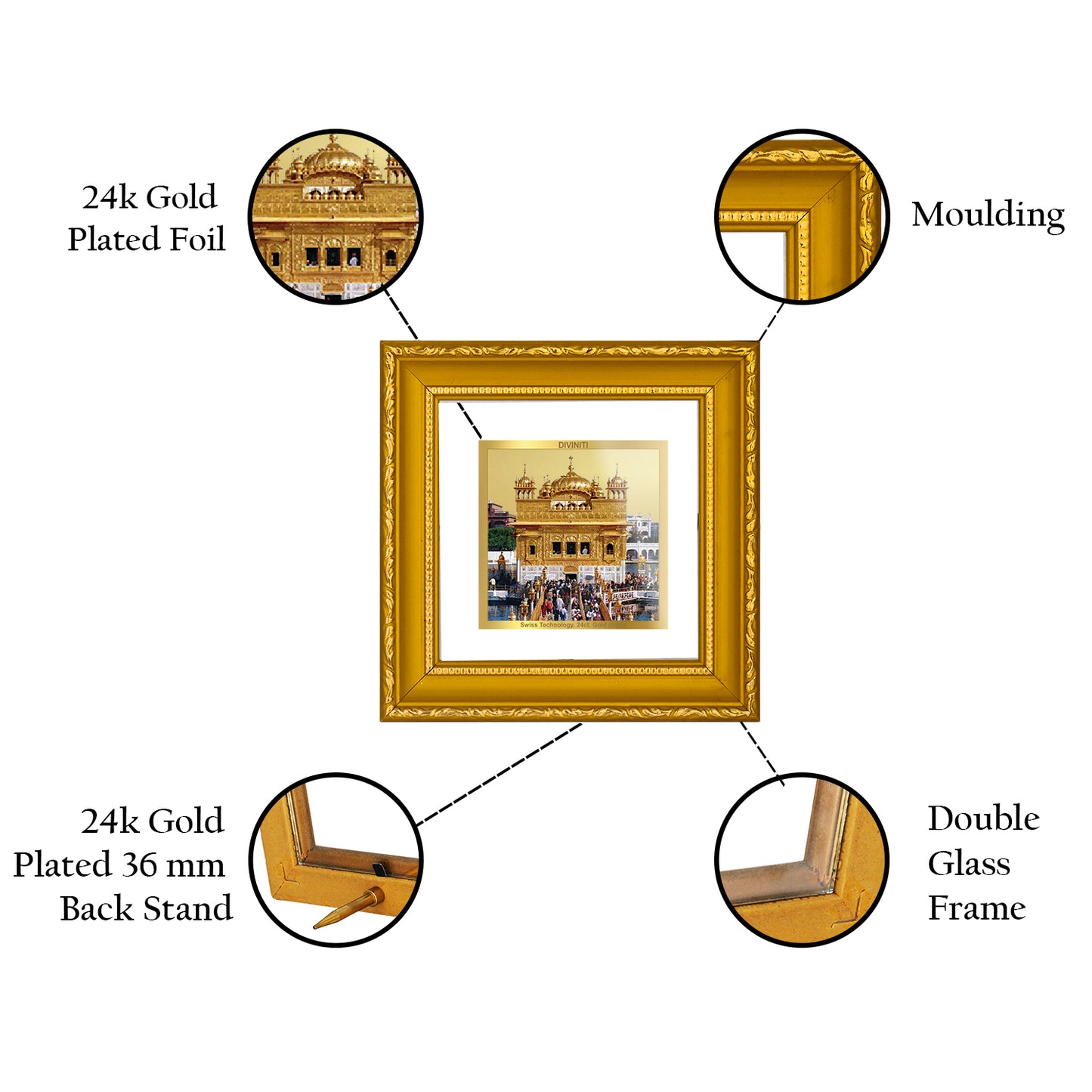 DIVINITI 24K Gold Plated Foil Golden Temple Photo Frame Idol for Wall Hanging, Workshop, Home Decor, Premium Gifts|DG101S1A (10x10 CM)
