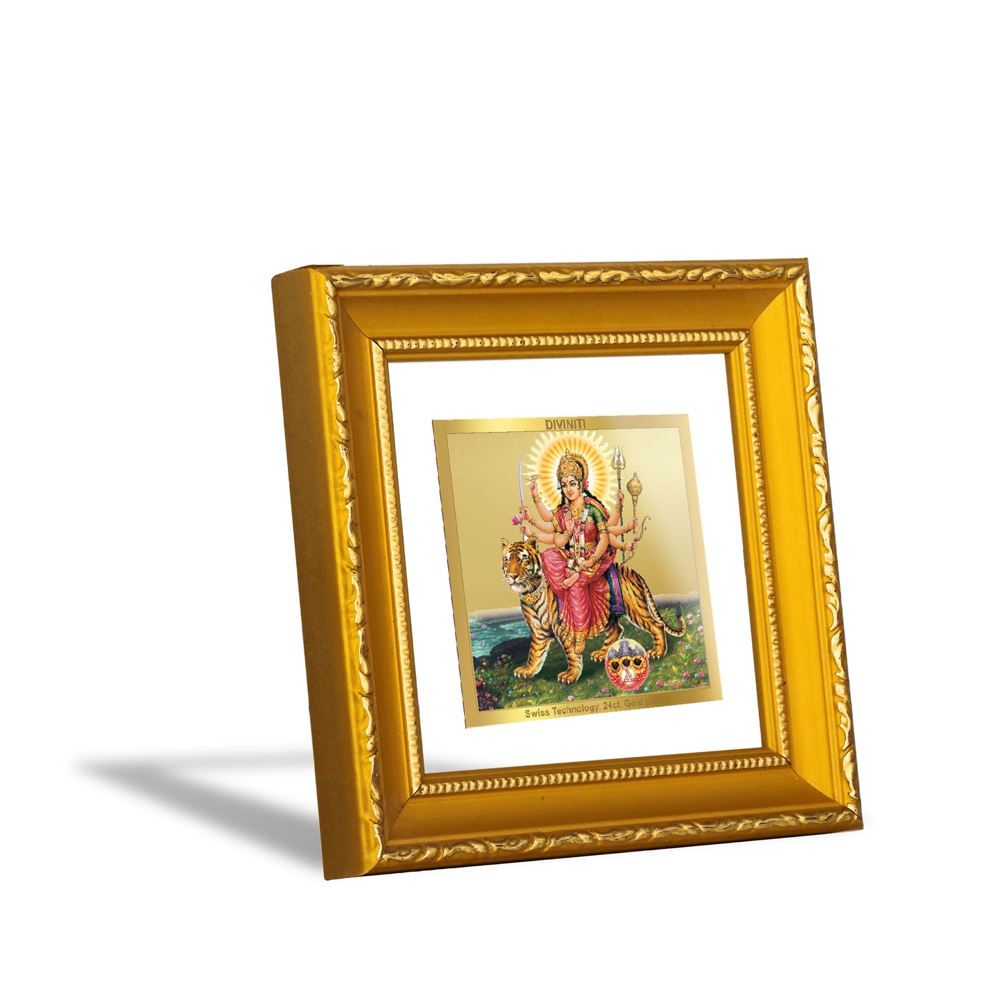 DIVINITI 24K Gold Plated Foil Goddess Durga Traditional Photo Frame Idol for Wall Hanging, Home Decor, Puja Room, Gifts|DG101S1A (10x10 CM)