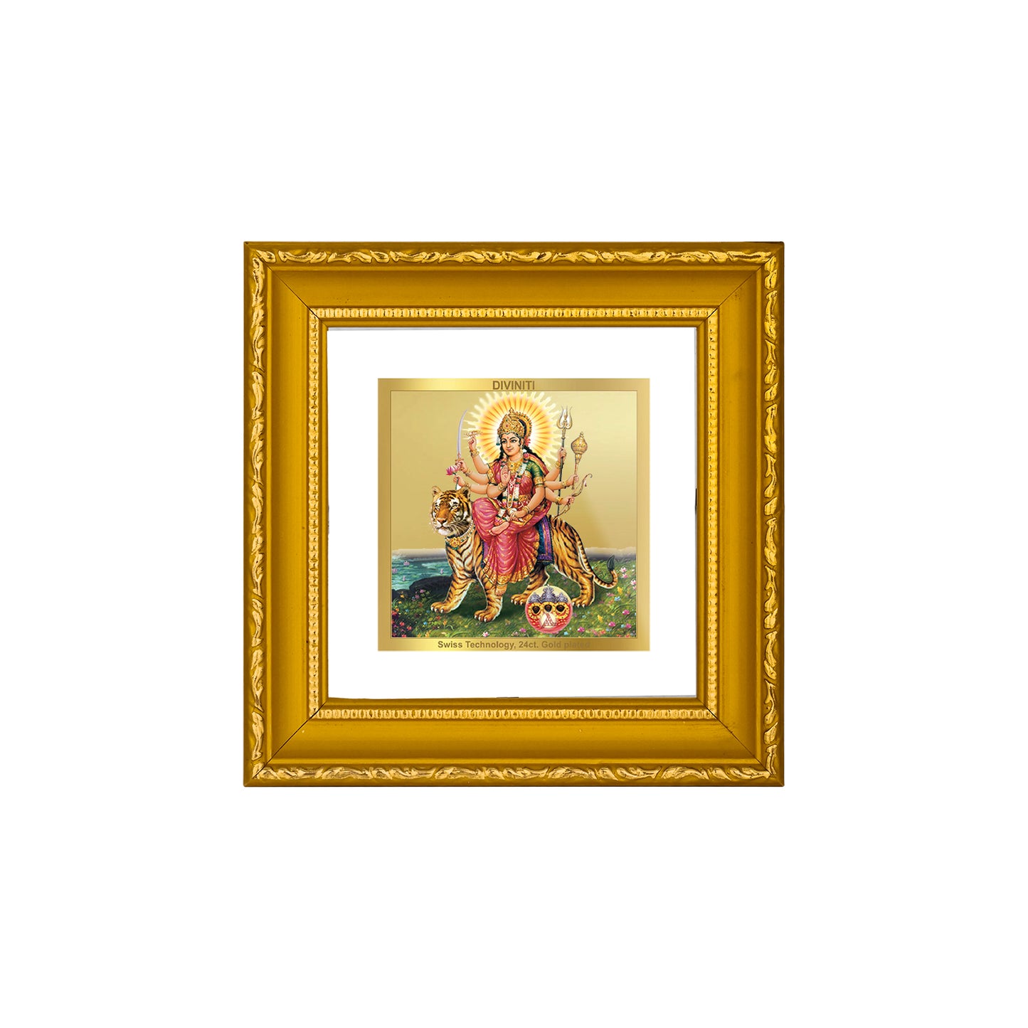DIVINITI 24K Gold Plated Foil Goddess Durga Traditional Photo Frame Idol for Wall Hanging, Home Decor, Puja Room, Gifts|DG101S1A (10x10 CM)