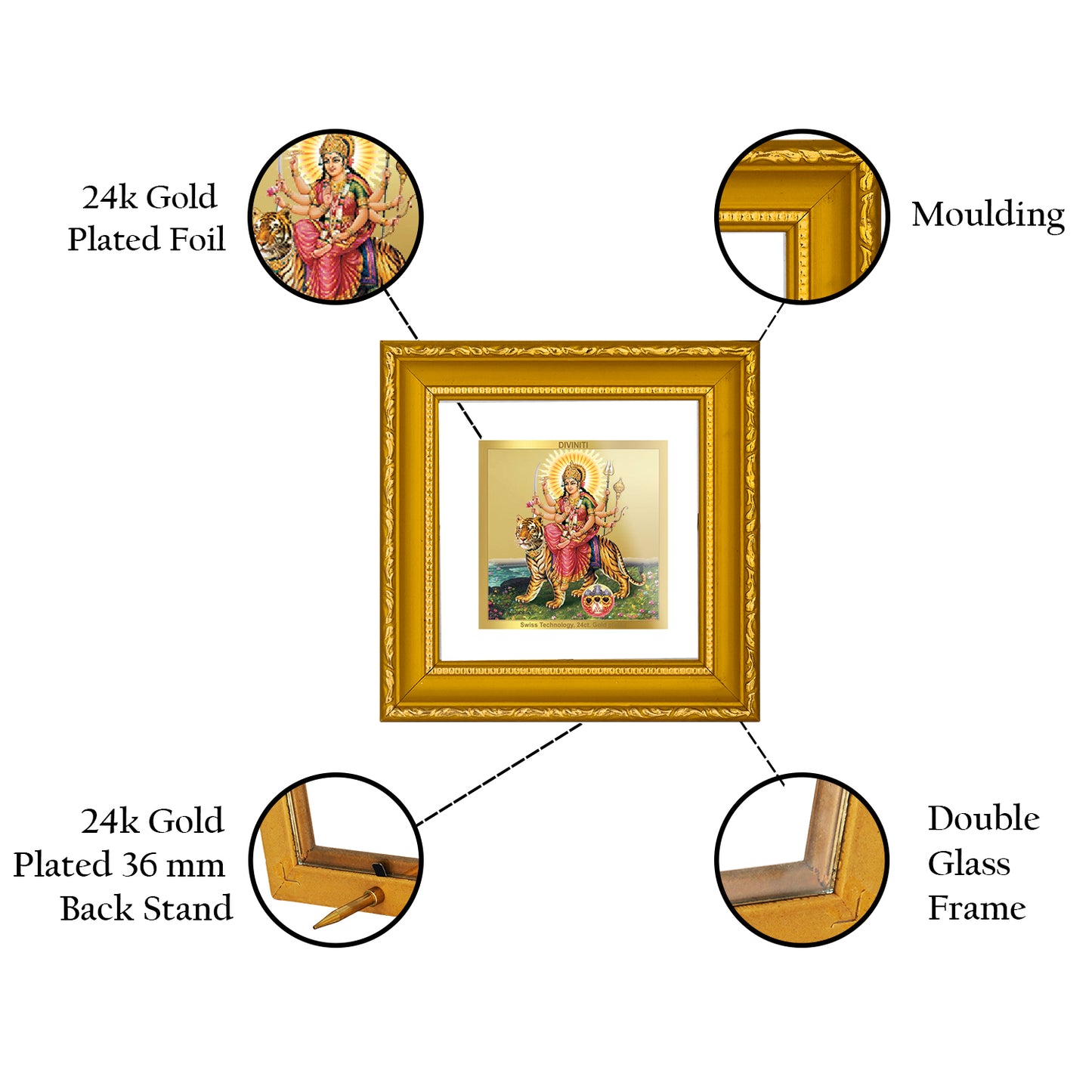 DIVINITI 24K Gold Plated Foil Goddess Durga Traditional Photo Frame Idol for Wall Hanging, Home Decor, Puja Room, Gifts|DG101S1A (10x10 CM)