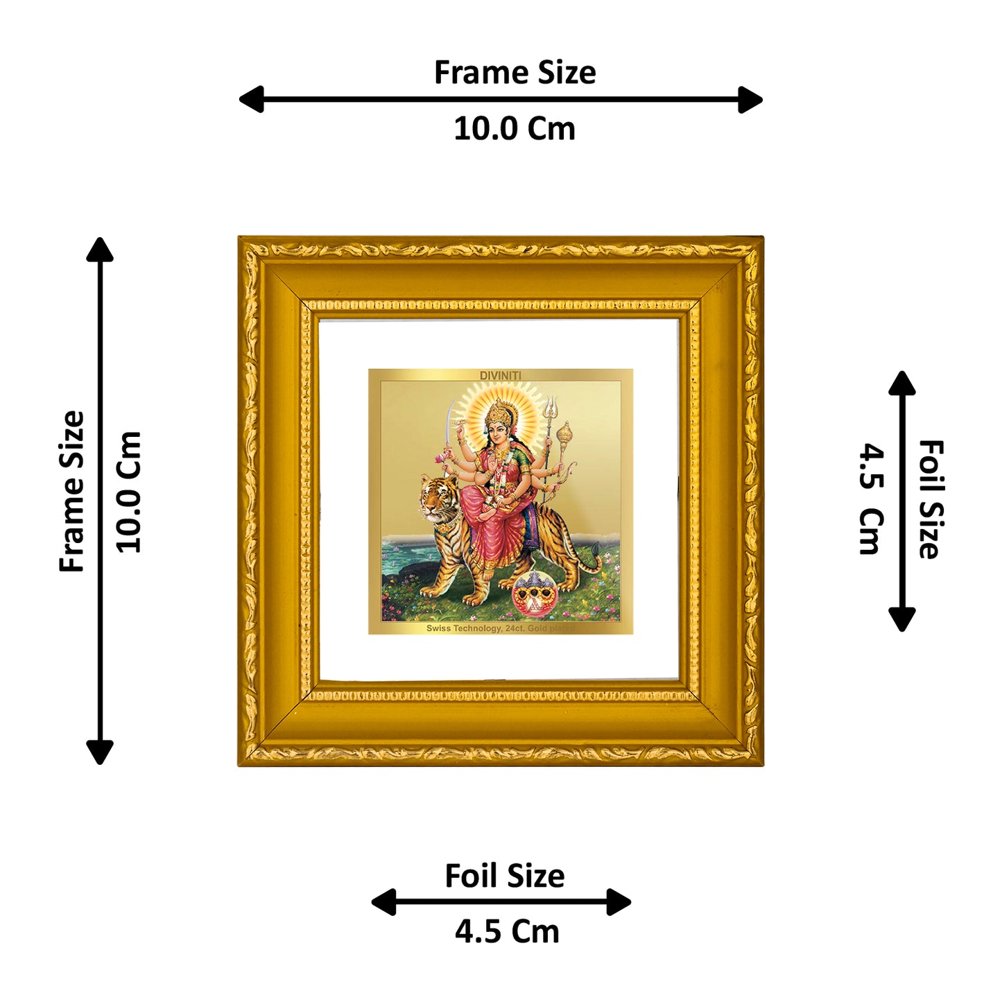 DIVINITI 24K Gold Plated Foil Goddess Durga Traditional Photo Frame Idol for Wall Hanging, Home Decor, Puja Room, Gifts|DG101S1A (10x10 CM)