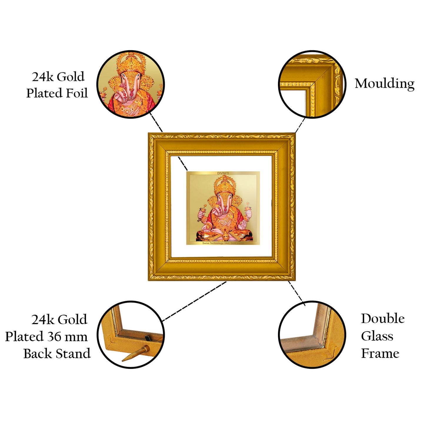 DIVINITI 24K Gold Plated Foil Dagdu Ganesh Religious Wall Photo Frame Idol for Home Decor, Table Top, Puja Room, Gifts|DG101S1A (10x10 CM)