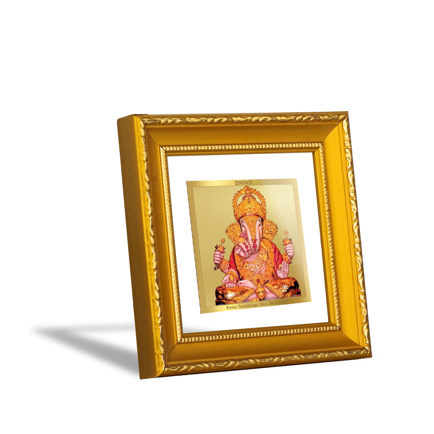 DIVINITI 24K Gold Plated Foil Dagdu Ganesh Religious Wall Photo Frame Idol for Home Decor, Table Top, Puja Room, Gifts|DG101S1A (10x10 CM)