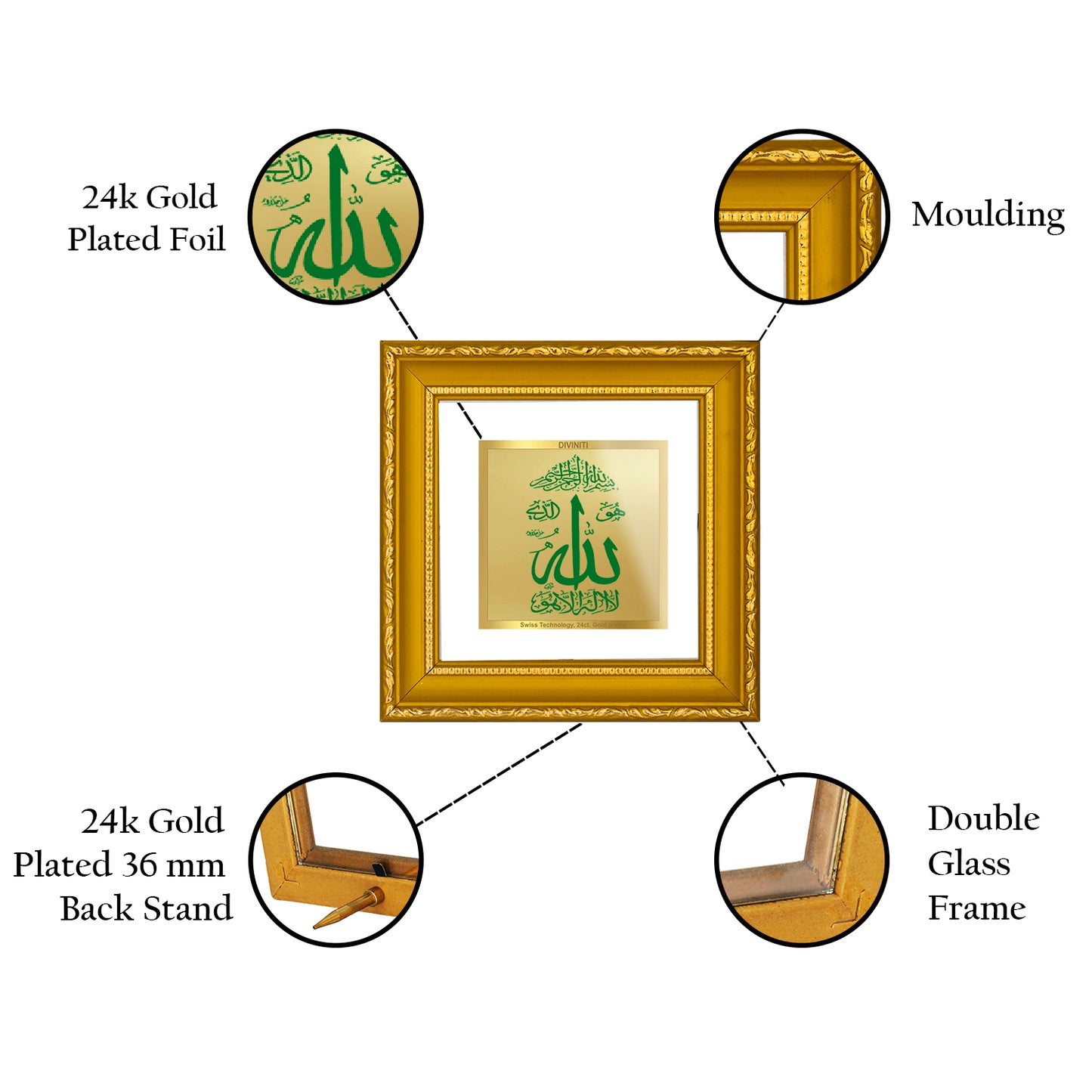 DIVINITI 24K Gold Plated Allah Stylish Photo Frame for Prayer, Home Decor, Table Top, Luxury Gift|DG101S1A (10x10 CM)