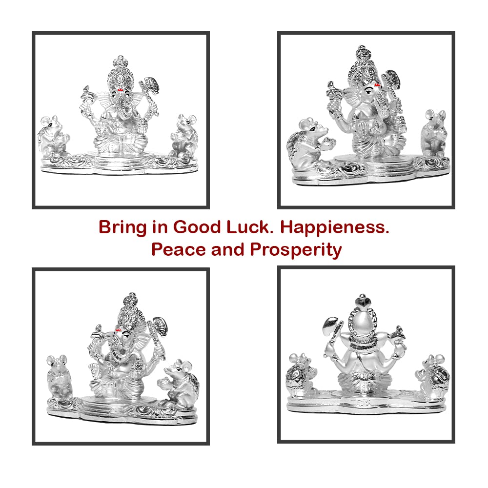 DIVINITI 999 Silver Plated Lord Ganesha And Mooshak Idol Statue For Home Decor, Table Top, Workshop, Puja Room (8.7x11.6 CM)